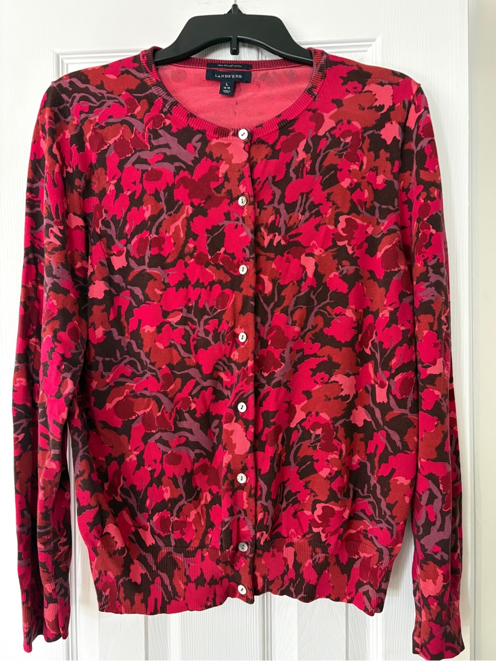 Lands' End Red and Pink Floral Button-Front Cardigan
